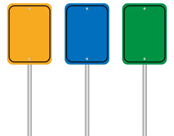 Vector illustration of Yellow, blue and green road signs. Set of empty boards isolated on white background