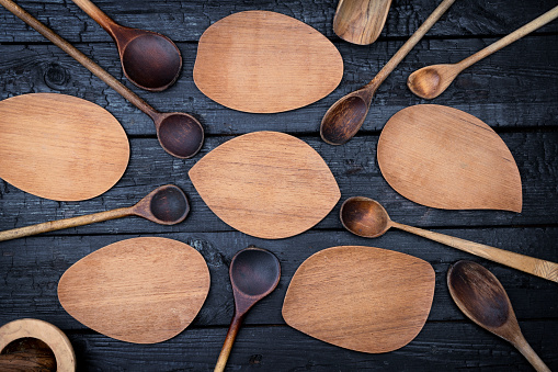 Empty wooden crockery on table, Top view