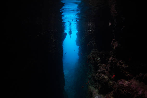 istock Snorkeler Explores Dark Grotto 1453469689