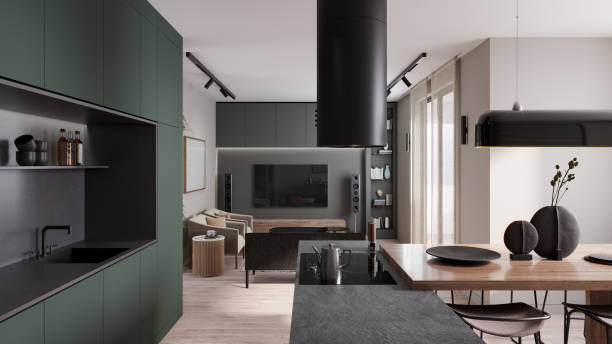 Modern interior design. Loft apartment with kitchen and living room view
