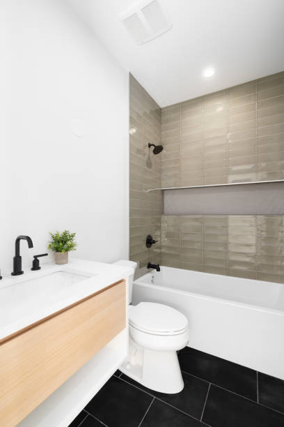 istock A bathroom with a wood cabinet and a brown tiled shower. 1453472693