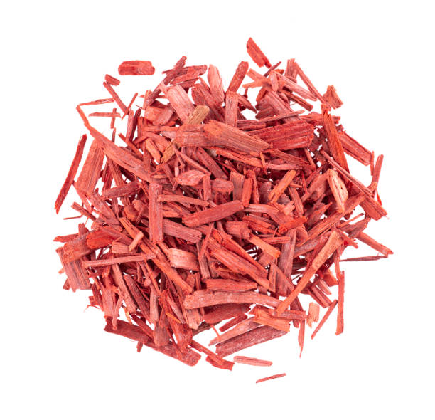 Red Sandalwood incense chips, isolated on white background. Sanderswood, rubywood or red saunders. Top view.