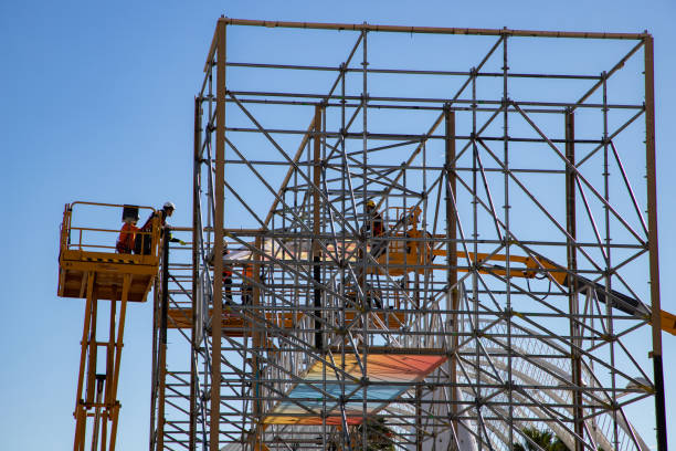 construction work metal structure of scaffolding stock photo