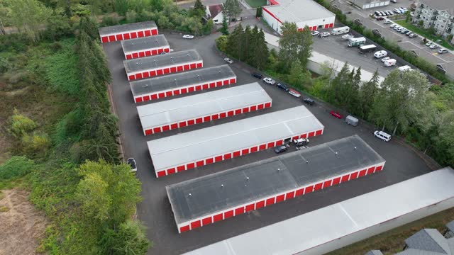 Drone shot of a mid-size personal storage unit facility.