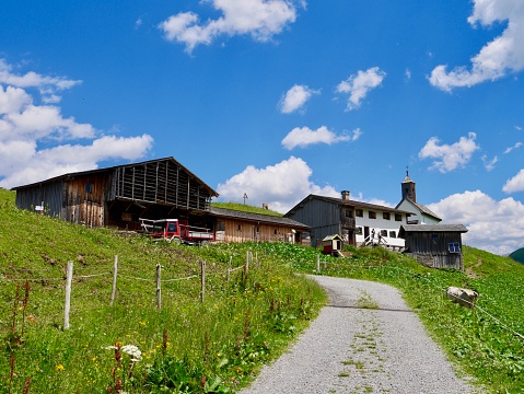 Panoramic view of ancient Walser village Buerstegg in the Austrian Alps. Lech am Arlberg, Vorarlberg, Austria.