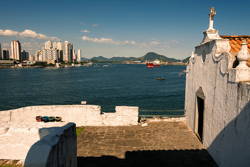 Guaruja, Brazil. December 20, 2014. Fortress of Santo Amaro da Barra Grande. Historical Museum and chapel.