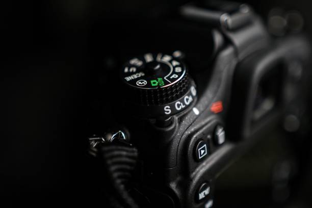 istock Closeup shot of details on a modern black DSLR camera dial 1453478747