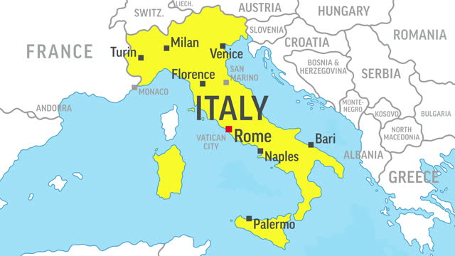Italy Map. Zoom on World Map. 4k Video Footage. Motion Graphics