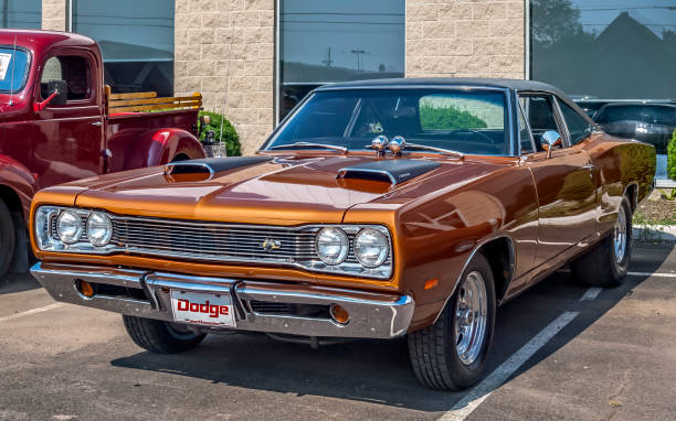 2nd June 2024, Shizukuishi, Iwate Japan. American Dodge Charger custom sports car meeting up with other enthusiasts in a car park.