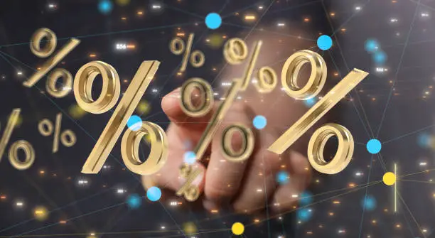 Photo of Person presenting the virtual projection of percent signs - sale or discount concept