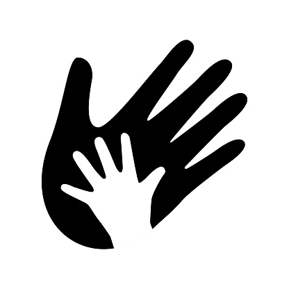 Helping hand graphic design element isolated on a white background. Parent hand and child hand black and white vector