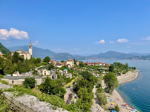 Panoramic view of idyllic lakeside town Cannero Riviera. Lago Magiore, Upper Italian lakes, Piedmont, Italy.