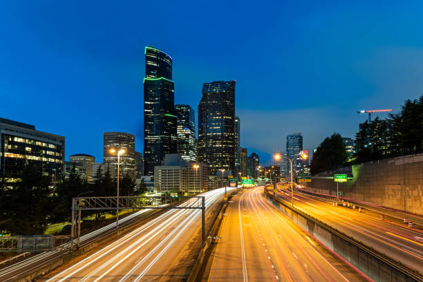 istock High Angle View of Busy Traffic at Blue Hour 1453484994
