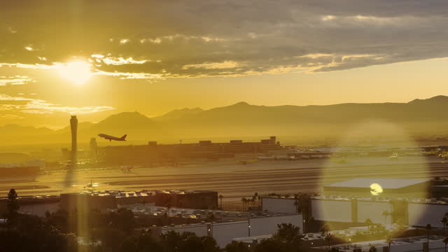 Las Vegas Hotel Window Sunrise POV of Travel During Holiday Season McCarran International Airport in Winter Video Series