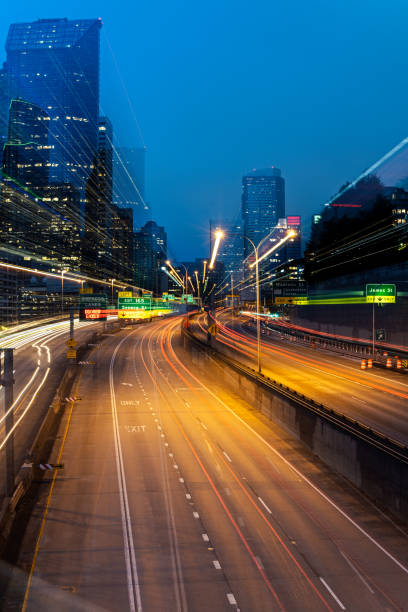istock Dynamic City : High Angle View of Busy Traffic at Blue Hour 1453488844