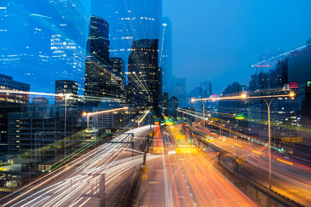 istock Dynamic City : High Angle View of Busy Traffic at Blue Hour 1453488852