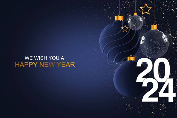 새해 복 많이 받으세요 2024년. 매달린 흰색 숫자 2024에는 빛나는 눈송이, 3d 금속 별, 공 및 색종이 조각이 파란색 배경에 있습니다. 새해 인사말 카드 또는 배너 템플릿입니다. - happy new year 2024 stock illustrations