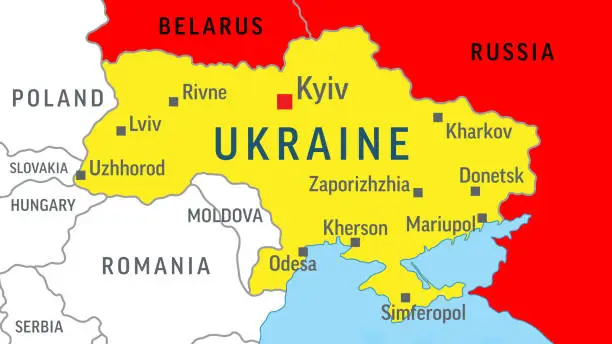 Vector illustration of Ukraine, Russia and Belarus Map. War. Zoom on World Map. Vector Illustration