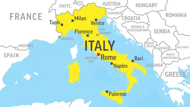 Vector illustration of Italy Map. Zoom on World Map. Vector Illustration