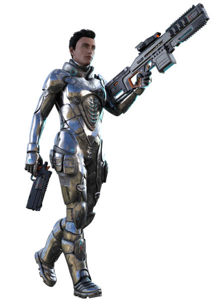 istock futuristic soldier in a metallic armor, armed with rifle and gun, 3d rendering 1453494654
