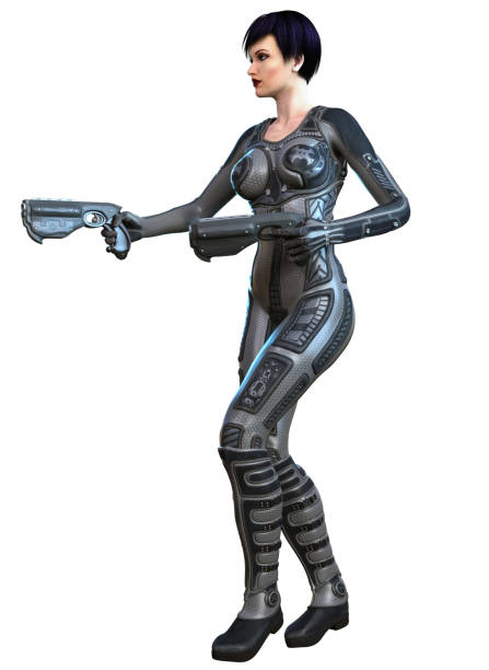 istock futuristic woman soldier armed with guns, 3d rendering 1453494721