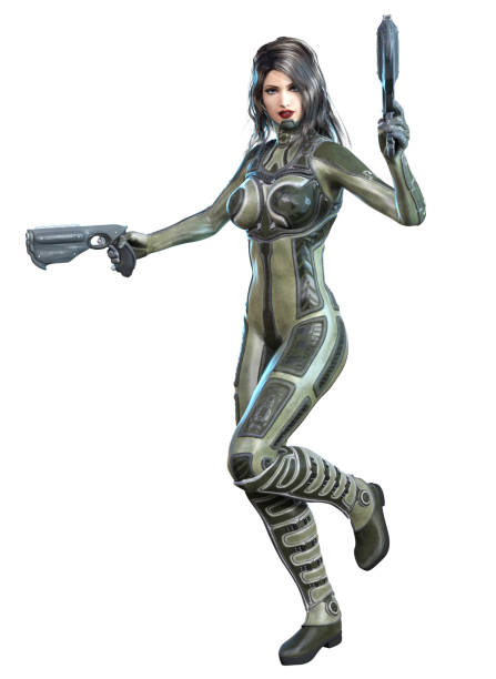 istock futuristic woman soldier armed with guns, 3d rendering 1453494723
