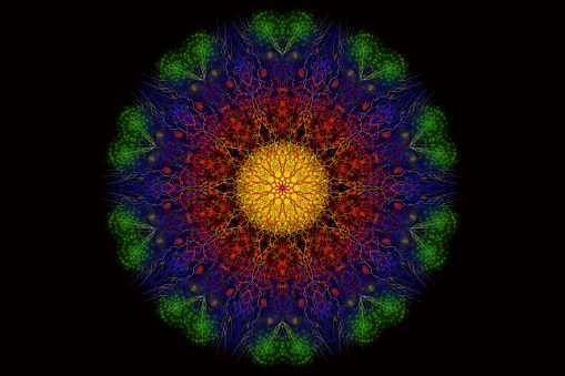 drawn mandala cosmic from lightning of different colors on a black background, cosmic universe. multicolored mandala of lightning and stars, artwork space galaxy