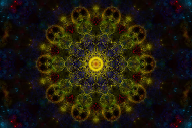 drawn mandala cosmic from lightning of different colors on a black background, cosmic universe. multicolored mandala of lightning and stars, artwork space galaxy
