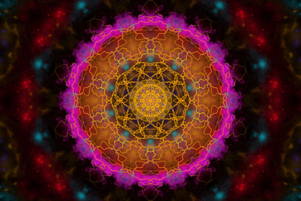 istock drawn mandala cosmic from lightning of different colors on a black background, cosmic universe. multicolored mandala of lightning and stars, artwork galaxy 1453500532