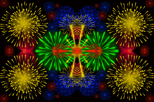 abstraction of fireworks of different colors on a black background, fireworks on a black background, happy new year