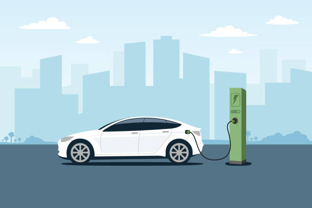 ilustrações de stock, clip art, desenhos animados e ícones de electric car charging at the charger station with a plug in cable. isolated flat vector illustration concept. cityscape background. - electric car