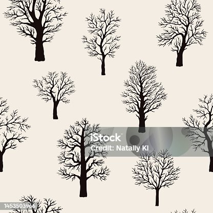 istock The pattern is seamless with dark silhouettes of brown trees without leaves with bare branches on beige background. Vector illustration. Pattern with floral patterns and plants. For printing on fabric 1453503966