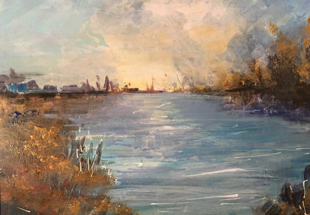 Riverside landscape with stormy sky Impressionist painting of a riverside with stormy sky riverbank stock illustrations