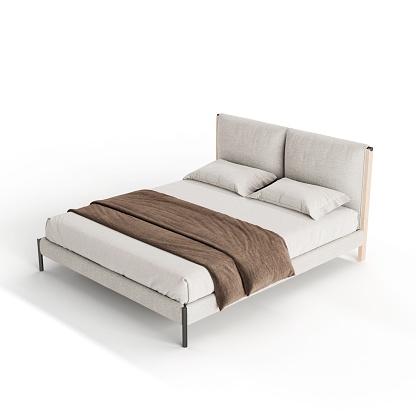 A 3D illustration of a comfortable bed on a white background