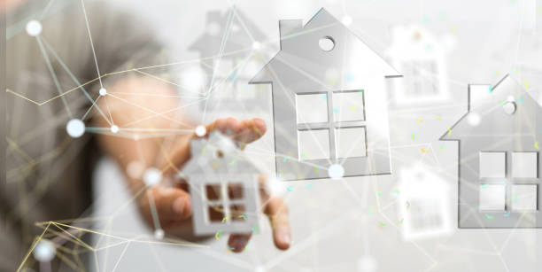 istock Hand touching 3D rendered home icons for digital cyberspace and security concept 1453508455