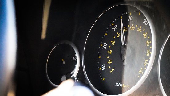 A vehicle's speedometer, which reads in MPH.