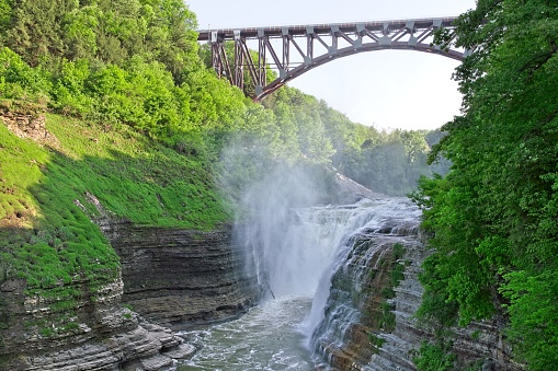 The Genesee river runs through western New York and Letchworth state park known as the grand canyon of the east. Large granite cliffs, waterfalls, and abundant hiking make this state park a popular tourist attraction in the east.