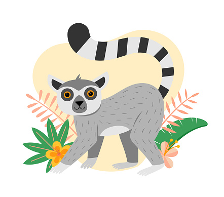 Cartoon vector illustration in childish style of a cute lemur with tropical leaves and flowers behind. Scene isolated on white background.