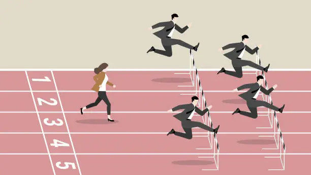 Vector illustration of Feminist, Woman power, Ambition lady and Competition of businesswoman with a group of businessmen team run in a race track. Concept of a CEO female, The loser is slower and keeps up with competitors.