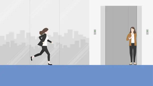 Vector illustration of Hurry businesswoman runs a race against time to a waiting office elevator. Rush hour, Urgent, Busy, Hectic, Daily haste, the fast pace of life, the hustle and bustle of an urban lifestyle concept.