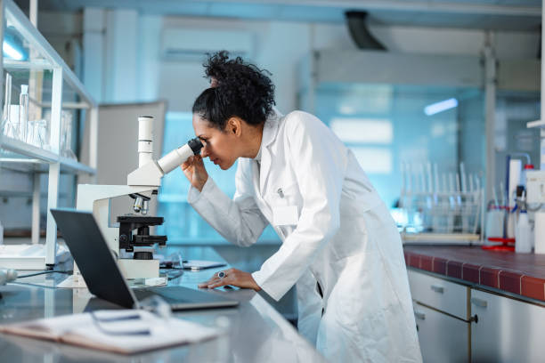 female scientist looking under microscope and using laptop in a laboratory - research imagens e fotografias de stock