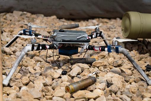 A homemade quadcopter with a homemade bomb made by Syrian militants.