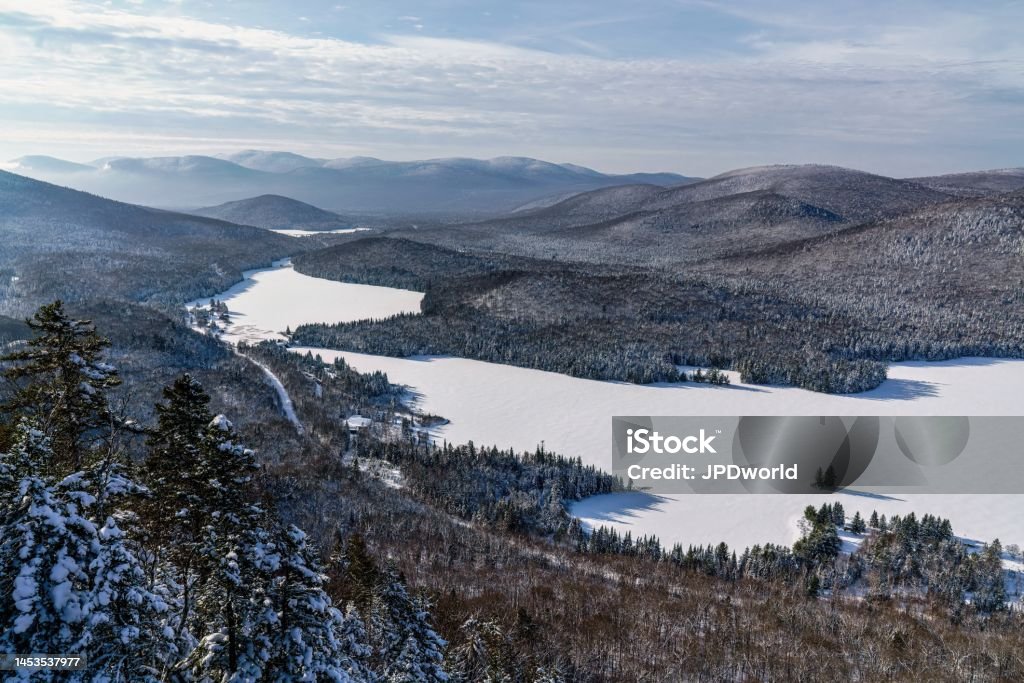 A winter morning seen from La Roche look point at Mont-Tremblant Nation Park in Quebec, Canada Forest Stock Photo