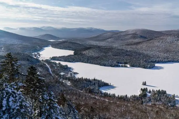A winter morning seen from La Roche look point at Mont-Tremblant Nation Park in Quebec, Canada