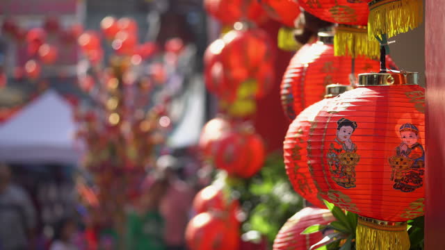 Chinese new year lantern in chinatown area. Translate chinese alphabet Daji dali on Lantern meaning profitable trade.