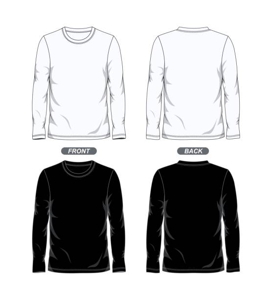 ilustrações de stock, clip art, desenhos animados e ícones de black and white front and back view long sleeve t-shirt template design - long sleeved shirt blank black