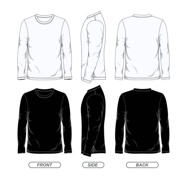 черно-белый цвет футболки с длинным рукавом дизайн шаблон спереди сбоку и сзади вид - long sleeved shirt blank black stock illustrations