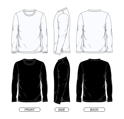 Black and white color long sleeve t shirt design template front side and back view