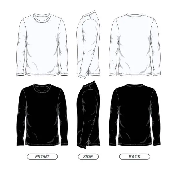 Vector illustration of Black and white color long sleeve t shirt design template front side and back view