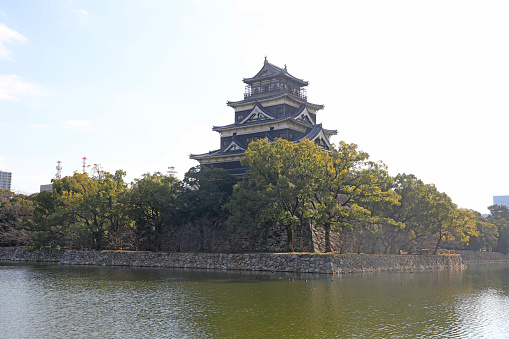 This is Hiroshima Castle, a Japanese castle from the Azuchi-Momoyama period to the Edo period, located in Naka-ku, Hiroshima City, and built by Terumoto Mouri.\nThe castle was destroyed by an atomic bomb at the end of the Pacific War, and the current keep is a restored keep made of reinforced concrete structure.